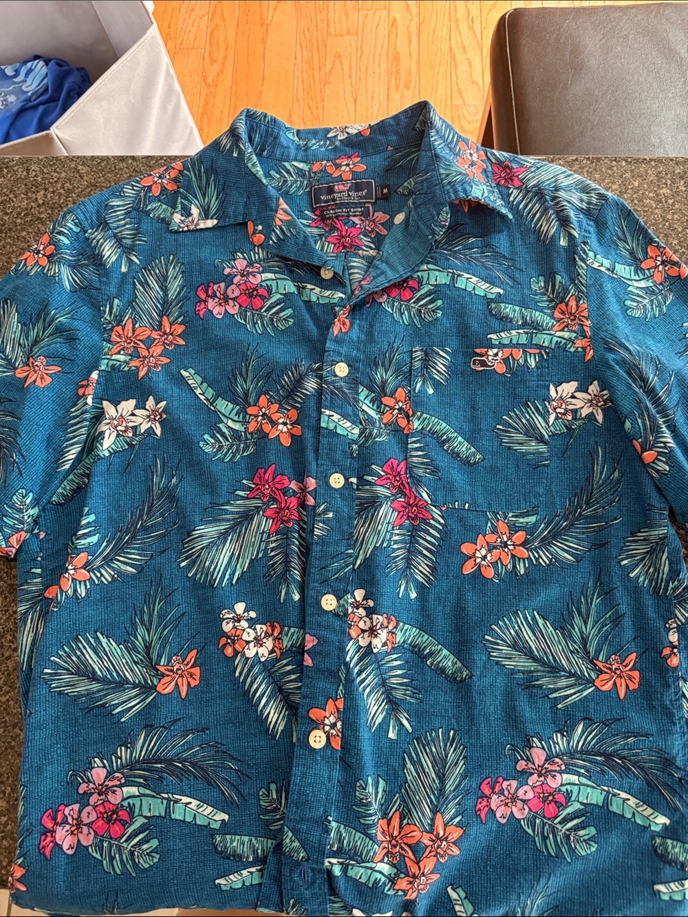 Vineyard Vines Men's Teal Blue Tropical Floral Button-Down Shirt